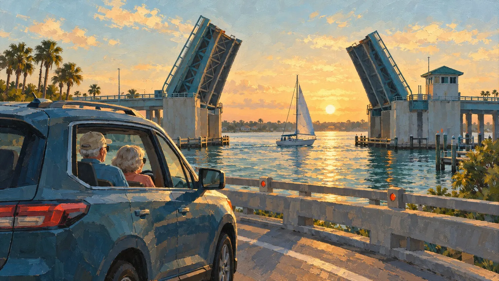 An older couple waiting in their car at a raised drawbridge over the Indian River while a sailboat passes through