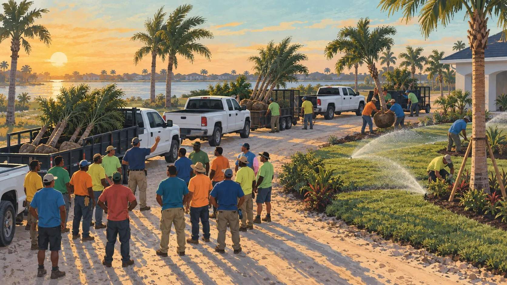 A landscaping crew of about twenty gathering by their trucks at dawn on a Viera job site while the foreman counts heads